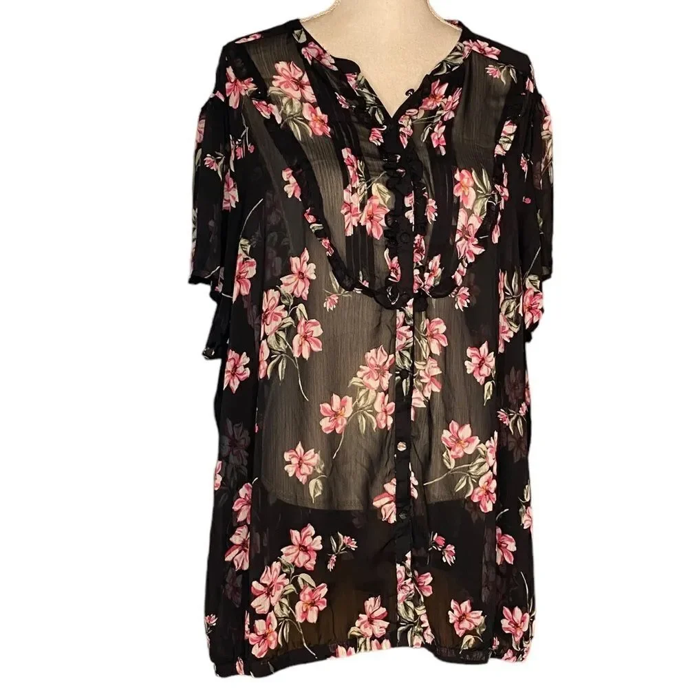 Torrid Wm’s Sz 4 Black Pink Floral Bubble Hem Sheer Chiffon Blouse
